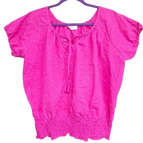 Bobbie Brooks -1684 Eyelet Smoked Waist Peasant Blouse Hot Pink Plus Size 1X - Picture 1 of 6